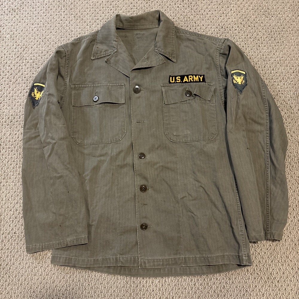 Vintage 40s US Army M47 HBT Jacket Shirt Fits Small WW2 Herringbone Twill STAINS
